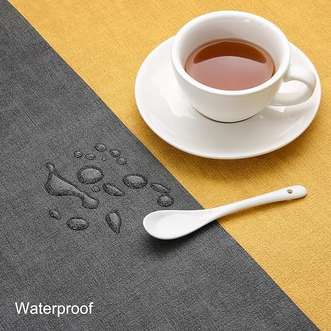 Table Runners 94 Inches Long, Dual-Sided Faux Leather Farmhouse Table Runner Waterproof Heatproof Non-Slip for Living Room Party Home Decor Holiday Decorations(Gray Yellow, 12 x 94 Inch)