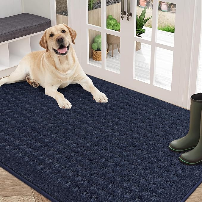 BEQHAUSE Waffle Door Mats Indoor 36"x60", Dog Mat for Muddy Paws Absorbent and Dirt Resist Floor Mats Non-Slip Washable Rugs for Entryway, Welcome Mat for Front Back Door, Muddy Wet Shoes, Navy Blue