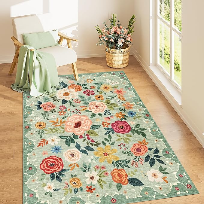 DUKINO 4x6 Area Rug, Floral Rugs for Living Room, Lightweight Non Slip Washable Rug, Indoor Low Pile & Non-Shedding Boho Design Rugs for Bedroom, Living Room, Dining Room, Green