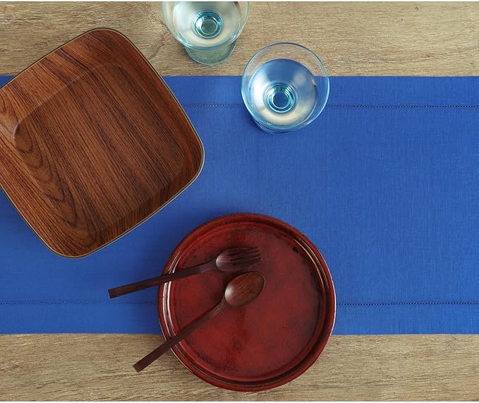 Solino Home Linen Royal Blue Table Runner 108 Inches Long - 100% Pure Linen 14 x 108 Inch Table Runner for Holiday, Winter, Christmas, New Year - Classic Hemstitch