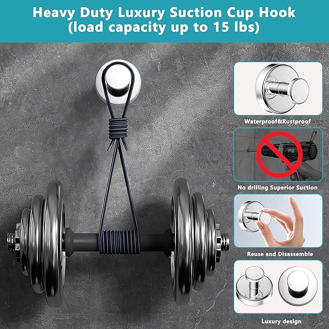 Suction Cup Hooks for Shower,Removable No Drill Towel Hooks,Upgraded 15 lbs Strong Suction hooks for Bathroom Tile,Shower Wall,Glass Door,Kitchen-Loofah,Coat,Stainless Waterproof-Chrome 4 Pcs