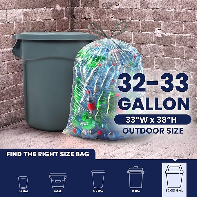 Plasticplace 32-33 Gallon Recycling Bags │ 0.9 Mil │ Clear Drawstring Garbage Can Liners │ 33" x 38" (100 Count)