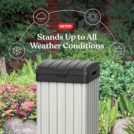 Keter Rockford Resin 38 Gallon Outdoor Kitchen Trash Can with Lid and Drip Tray for Easy Cleaning-Perfect for Patio Dining, Grey
