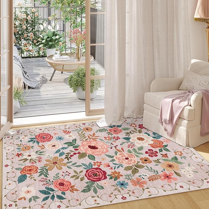 DUKINO 4x6 Feet Office Chair Mat, Lightweight Non Slip Washable Floral Area Rug, Indoor Low Pile & Non-Shedding Boho Design Rugs for Bedroom, Living Room, Dining Room, Beige