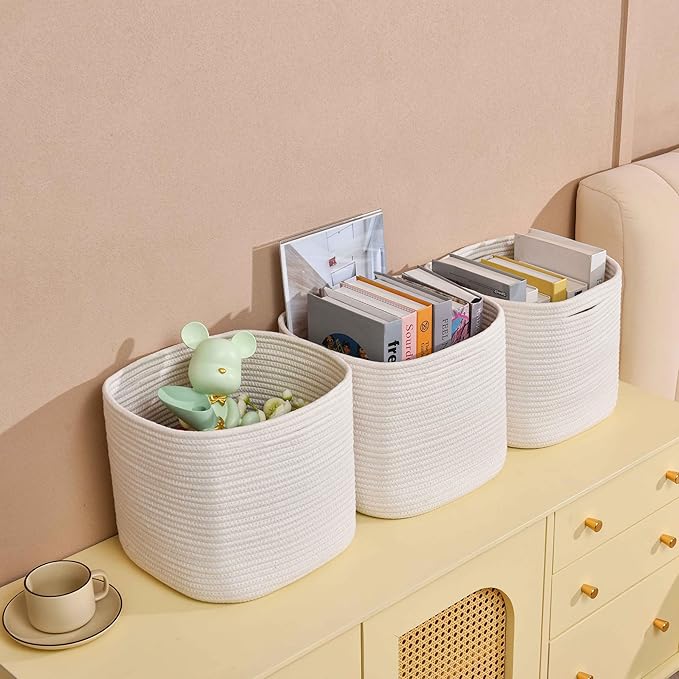 3 Pack Storage Cubes 11 Inch Cotton Rope Woven Baskets for Organizing Cube Bin Square Shelves Organizer,Classroom,Kids Toy Bins,Closet,Baby Nursery(Creamy White)