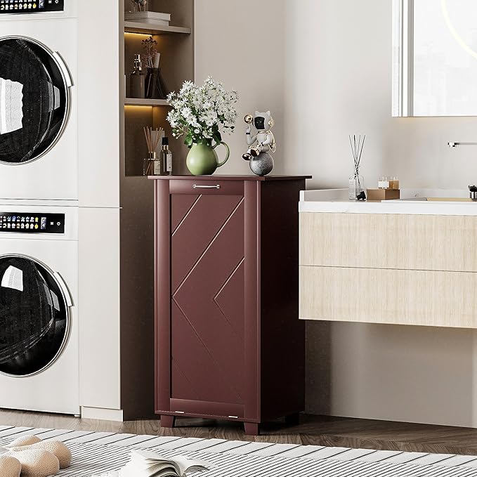 VECELO Tilt Out Kitchen Trash Bin Cabinet, Dog Proof Garbage Can with Wood Holder Free Standing Recycling, Brown