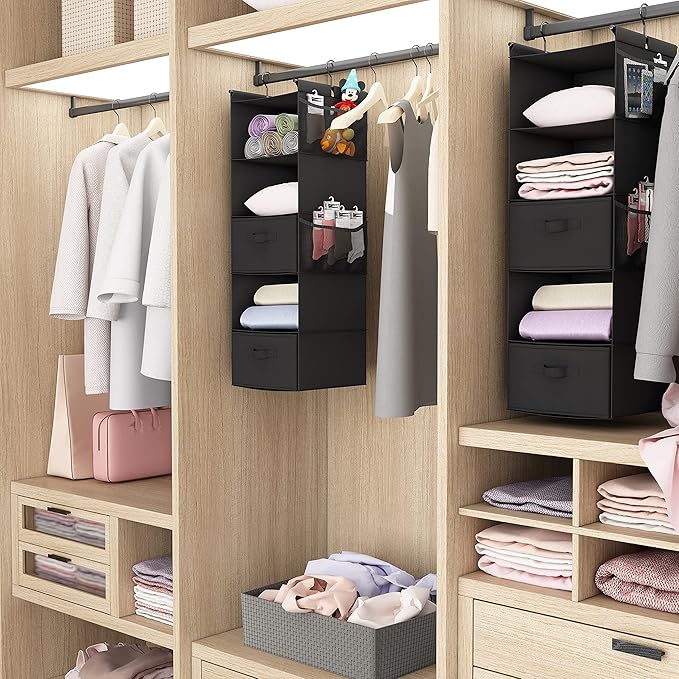 MAX Houser 5 Tier Shelf Hanging Closet Organizer, Cloth Hanging Shelf with 2 Sturdy Hooks for Storage, Foldable (Black-D2)