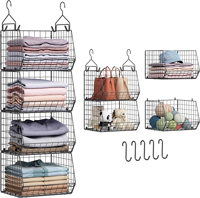 4 Tier Closet Hanging Organizer, Closet Organizers and Storage with 5 S Hooks, Closet Hanging Shelves & Freestanding Wire Storage Basket Bins, for Clothing Shoes Handbags Clutches Accessories Patent