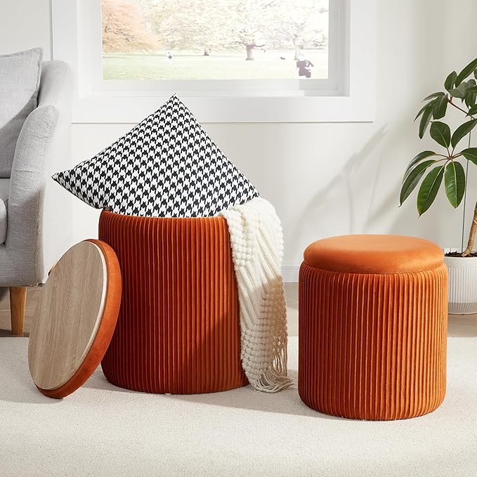 Round Ottoman with Storage Set of 2,Vanity Stool with Storage for Bedroom, Ottoman Coffee Table,Small Velvet Foot Stool for Living Room, Orange