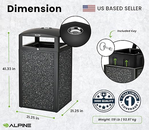 Alpine Outdoor Commercial Trash Can with Lid - 40 Gallon Heavy Duty Metal Garbage Can with Removable Bin, Locking Lid for a Modern Look in Park, Mall & High Traffic Areas-Grey Stone Panels (With Tray)