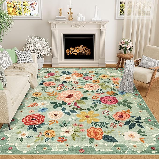 DUKINO 4x6 Area Rug, Floral Rugs for Living Room, Lightweight Non Slip Washable Rug, Indoor Low Pile & Non-Shedding Boho Design Rugs for Bedroom, Living Room, Dining Room, Green
