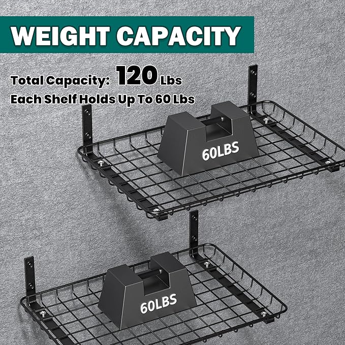 EVERHANGER Garage Wall Shelves 12x18 Inch, Wall Mounted Storage Shelf, Metal Shelf Rack, Heavy-Duty Shelf Organizer 2 Pack, Black