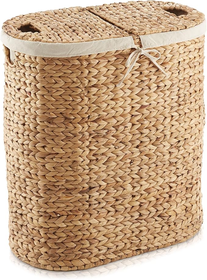 Casafield Oval Laundry Hamper with Lids and Removable Liner Bags - Natural, Woven Water Hyacinth 2-Section Laundry Basket Sorter for Clothes and Towels