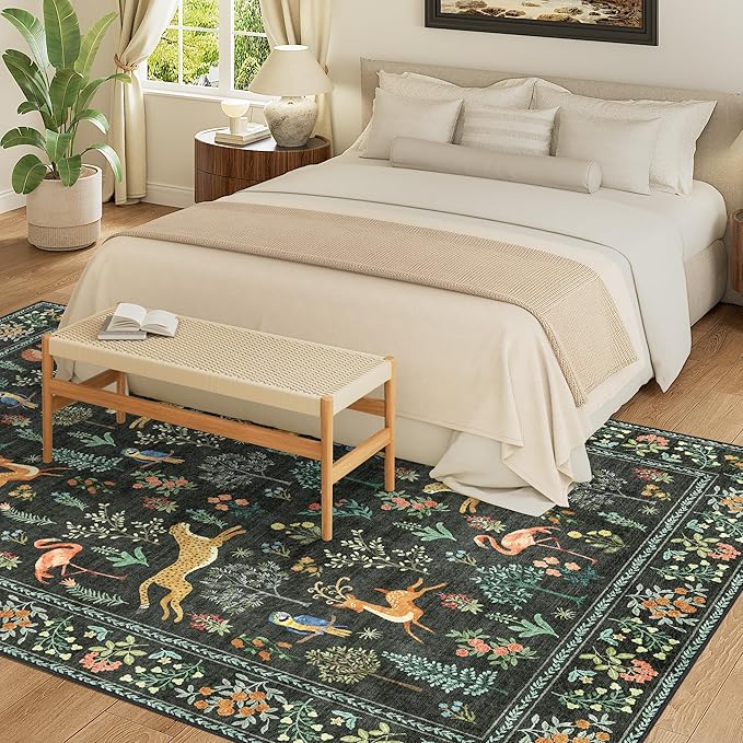 DUKINO 6x9 Rug, Washable Animal Living Room Rug with Non Slip Vintage Design, Soft Low Pile Large Carpet for Bedroom, Nursery, Dining Room, Farmhouse, Playroom, Black