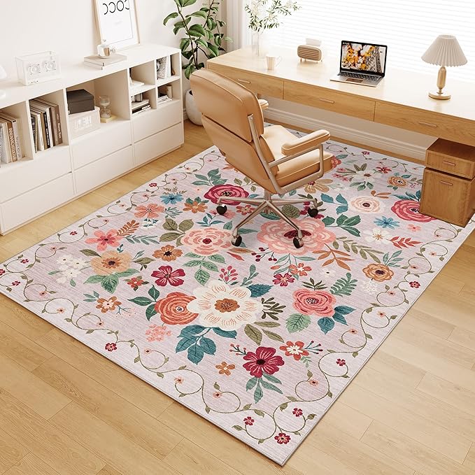 DUKINO 4x6 Feet Office Chair Mat, Lightweight Non Slip Washable Floral Area Rug, Indoor Low Pile & Non-Shedding Boho Design Rugs for Bedroom, Living Room, Dining Room, Beige