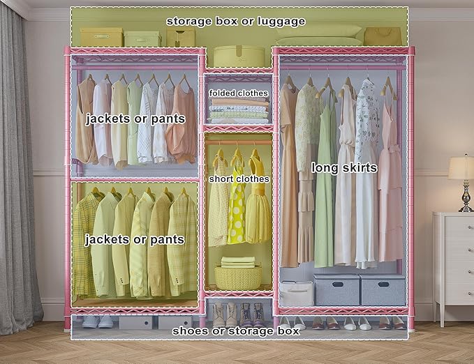 Raybee Clothing Racks for Hanging Clothes Heavy Duty Clothes Rack Load 750LBS clothes rack, 77" H x 70.5" W x 13.8" D, Pink
