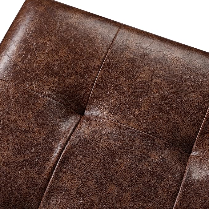Adeco 18" Storage Ottoman Foot Rest Stool, Walnut Leather Ottoman with Black Solid Wood Legs and Hinged Lid, Small Foot Stool for Living Room, Bedroom