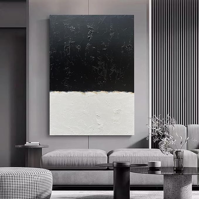 NANKAI Hand-Painted Black and White Wall Art, Minimalist Abstract Painting, Large Oil on Canvas Texture Wall Art, Office Art Contemporary Art 45x30 inches