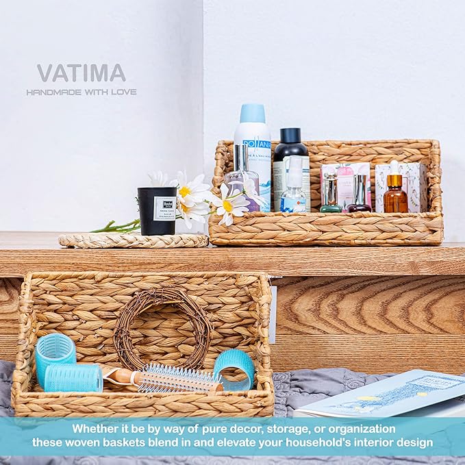 VATIMA Water Hyacinth Storage Baskets for Organizing, Medium Open-Front Wicker Basket for Kitchen, for Shelves, 11.8” x 7.5” x 5.5”, 2 Pack