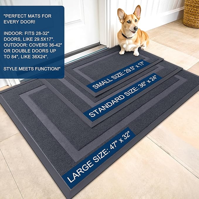 OLANLY Front Door Mat Indoor Outdoor Entrance, Waterproof All-Season, All-Weather Doormat, Sturdy Natural Rubber, Fade Resistant, Low Profile, Easy Clean Patio Porch Entryway Mat, 35x23, Light Grey