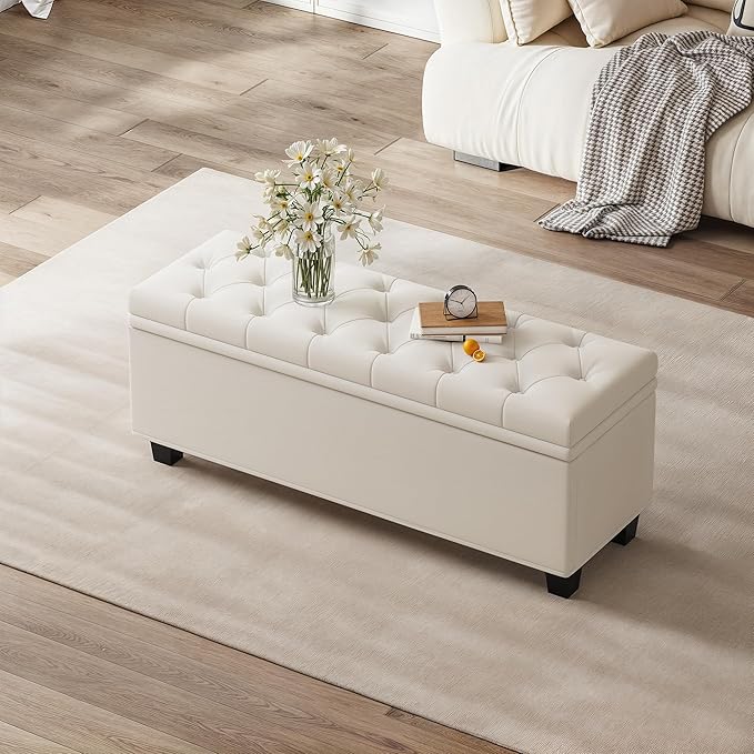 Maupvit Ottoman with Storage, Ottoman Bench with Lift Top, Upholstered Storage Bench with Hinged Lid, Bedroom Bench with Seating, Foot Rest Stool（Beige）