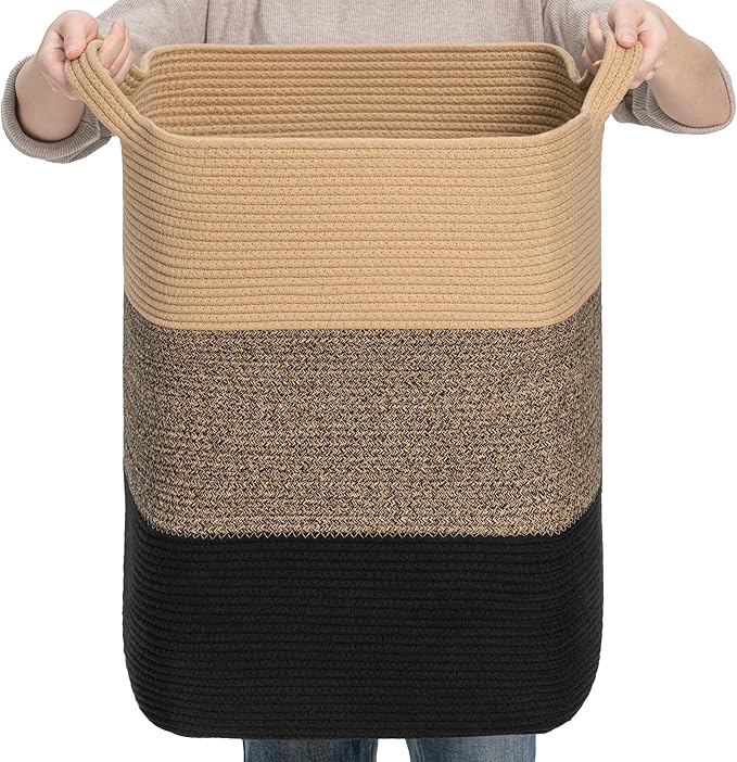 CLHMILY&Z 75L Laundry Basket Rectangular Black Jute Rope - 16x13x22 Inches - Dirty Clothes and Soft Storage Bin for Blankets, Toys, and Nursery Essentials