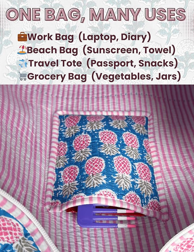 Cotton Quilted Tote Bag for Women – Large Beach & Travel Tote with Zipper, Reusable Grocery Bag