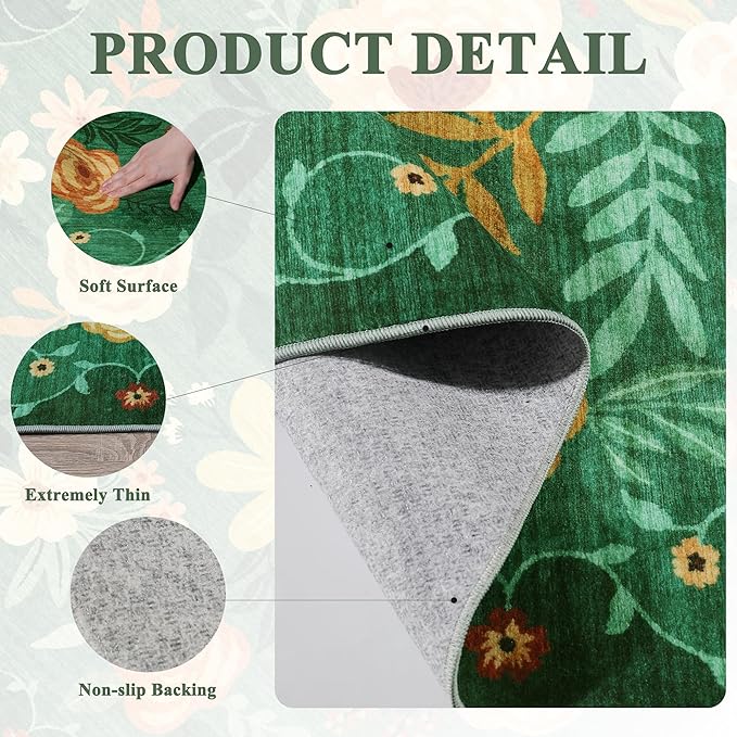 DUKINO 6x9 Area Rug, Floral Rugs for Living Room, Lightweight Non Slip Washable Rug, Indoor Low Pile & Non-Shedding Boho Design Rugs for Bedroom, Living Room, Dining Room, Dark Green
