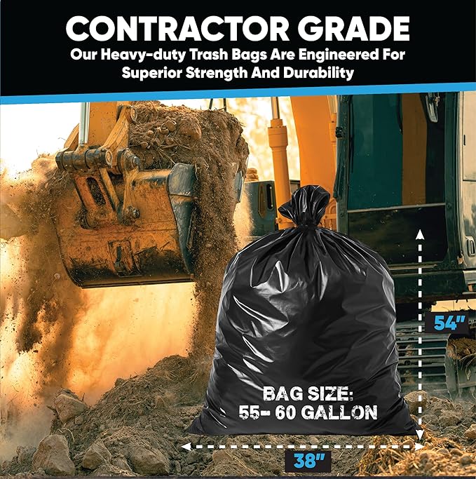Contractor Garbage Bags 55 Gallon Heavy Duty | 50 Count | 3 Mil Construction Bags Heavy Duty with Ties | 55 Gallon Trash Bag Heavy Duty for Contractors