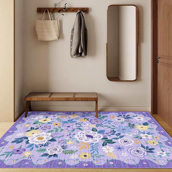 DUKINO 3x5 Area Rug, Floral Rugs for Living Room, Lightweight Non Slip Washable Rug, Indoor Low Pile & Non-Shedding Boho Design Rugs for Bedroom, Living Room, Dining Room, Purple