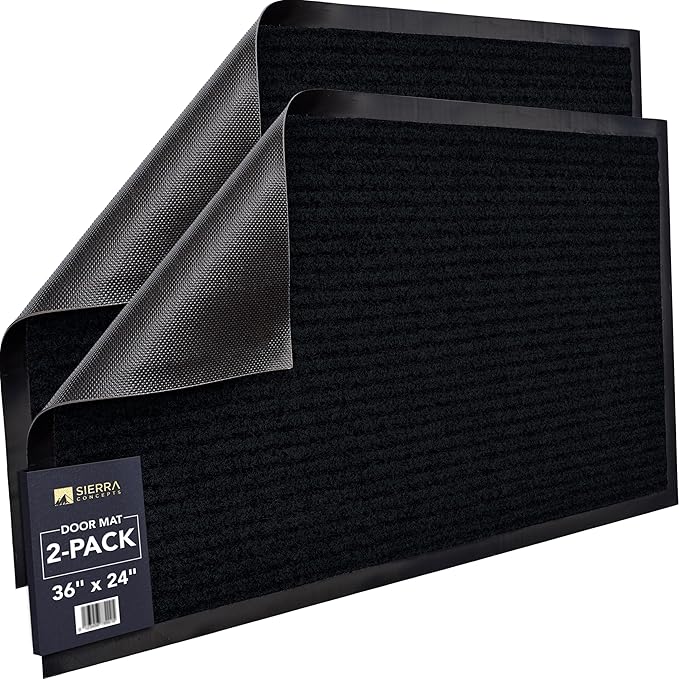 Sierra Concepts 2-Pack Front Door Mat - Large 36 x 24 Welcome Indoor Outdoor Entryway Mats for Shoe Scraper, Ideal for Inside Outside High Traffic Area, Black