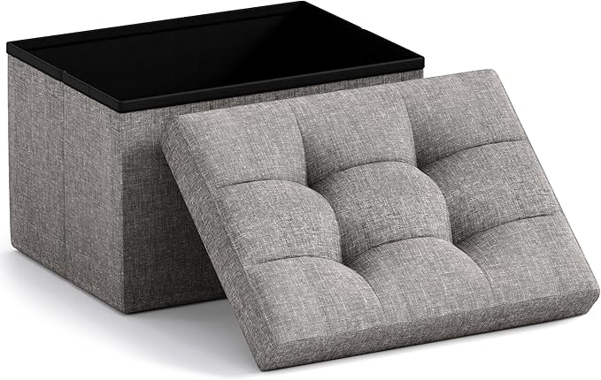 Ornavo Home Small Storage Ottoman Foldable Collapsible Rectangle Linen Ottoman Foot Rest Stool Seat, for Living Room, Bedroom, Home Office, Dorm - 12 x 16 x 12, Dark Gray