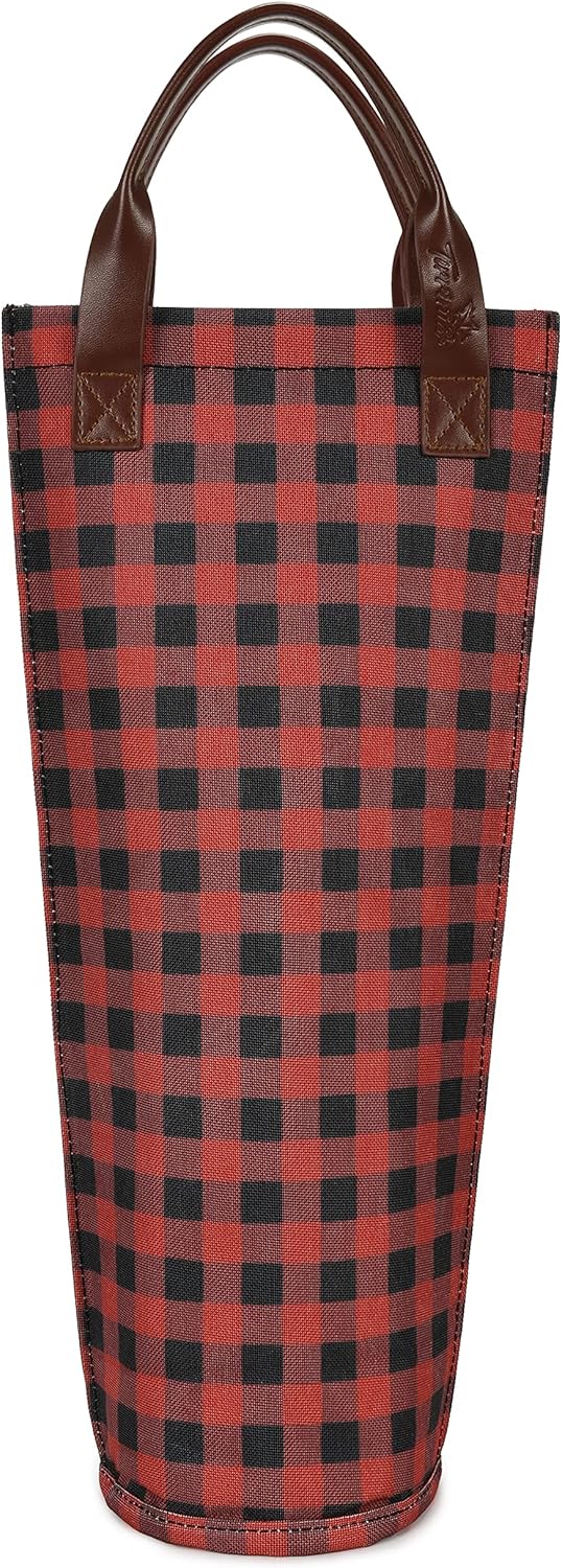 Tirrinia Single Wine Carrier Tote, Insulated Cooler Bag for Travel & Picnic - Padded Bottle Holder, Gift for Wine Lovers, Red Grid