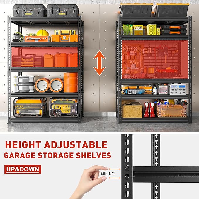 REIBII 72" H Garage Shelving Load 2500 LBS, Heavy Duty Storage Shelves, 5-Tier Adjustable Garage Shelves for Warehouse, Basement, 72" H x36 W x18 D, Black, 2 Pack
