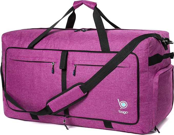 Bago Large Foldable Duffel Bags for Traveling Women & Men - 120L Packable Duffle Bag for Travel with Shoe Compartment - Water Repellant, Heavy Duty, Lightweight Folding & Collapsible (SnowPink)
