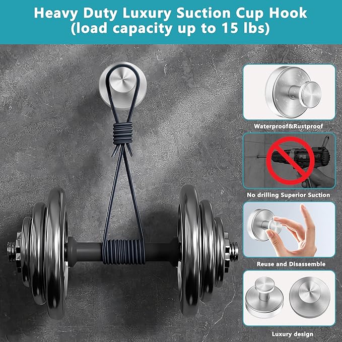 Suction Cup Hooks for Shower,Removable No Drill Towel Hooks,Upgraded 15 lbs Strong Suction hooks for Bathroom Tile,Shower Wall,Glass Door,Kitchen-Loofah,Coat,Stainless Waterproof-Silver 4 Pcs