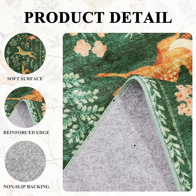 DUKINO 5x7 Rug, Washable Animal Living Room Rug with Non Slip Vintage Design, Soft Low Pile Large Carpet for Bedroom, Nursery, Dining Room, Farmhouse, Playroom, Green