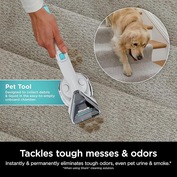 Shark CarpetXpert with StainStriker Upright Carpet, Area Rug & Upholstery Cleaner with Pet Mess Extractor Tool, Perfect for Pets, Carpet Shampooer, 3 Cleaning Tools, Cleaning Solutions, White, EX201
