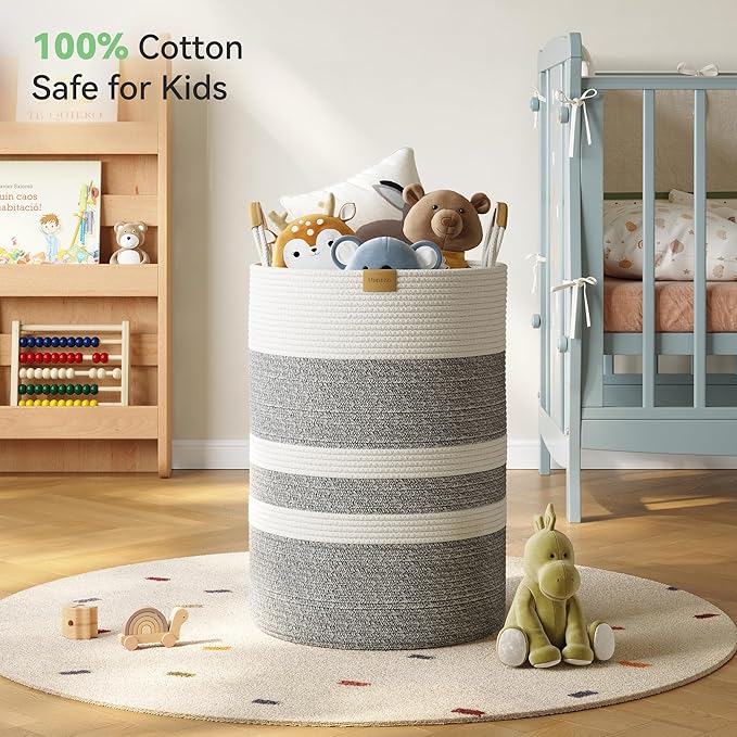 95L Striped Laundry Hamper with Leather Handles ,Large Foldable Laundry Basket for Clothes,Cotton Rope Storage Bin for Blankets,Woven Clothes Basket for Bedroom,Gray Stripes