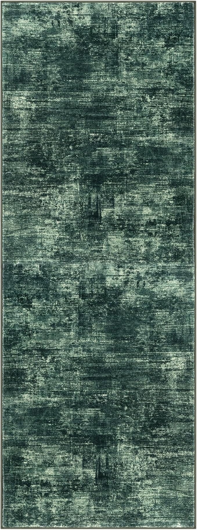 IOHOUZE Abstract Runner Rug 3x8 Ft Washable Runners for Hallways, Non Slip Kitchen Runner Printed Faux Wool Entryway Runner Indoor, Modern Abstract Floor Carpet for Hall Bedroom, Dark Green