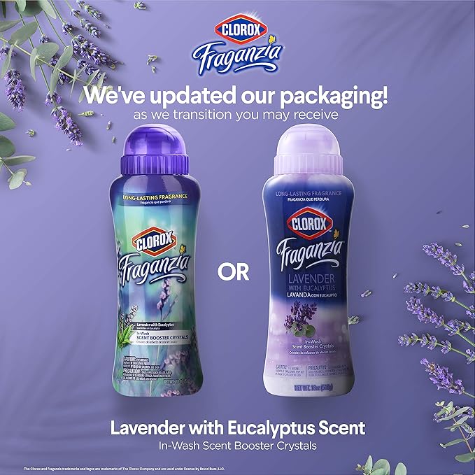 Clorox Fraganzia Laundry Scent Booster Crystals in Lavender with Eucalyptus Scent - Scented In-Wash Freshener Beads for Fresh, Clean, Great Smelling Clothes and Linens, 18 Oz - 2 Pack