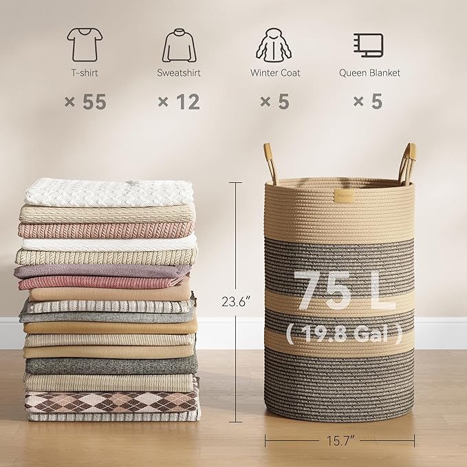 75L Striped Laundry Hamper with Leather Handles,Large Foldable Laundry Basket for Clothes,Cotton Rope Storage Bin for Blankets,Woven Clothes Basket for Bedroom,Dark Brown Stripes