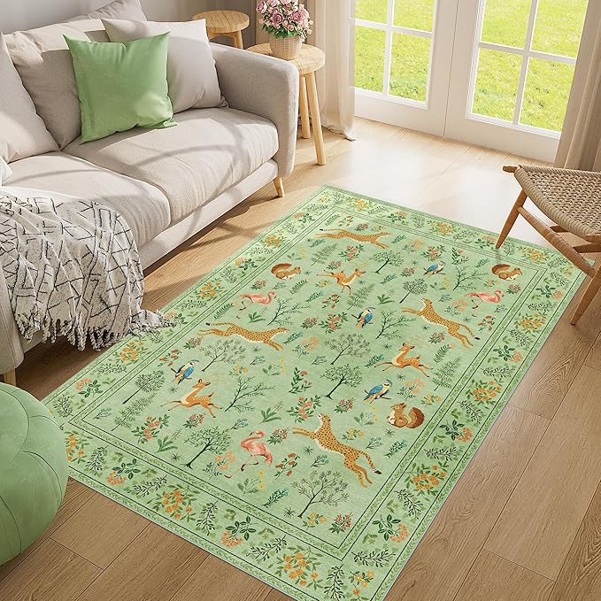 DUKINO 4x6 Rug, Washable Animal Area Rug with Non Slip Vintage Design, Indoor Soft Low Pile Carpet for Bedroom, Nursery, Dining Room, Farmhouse, Playroom, Light Green