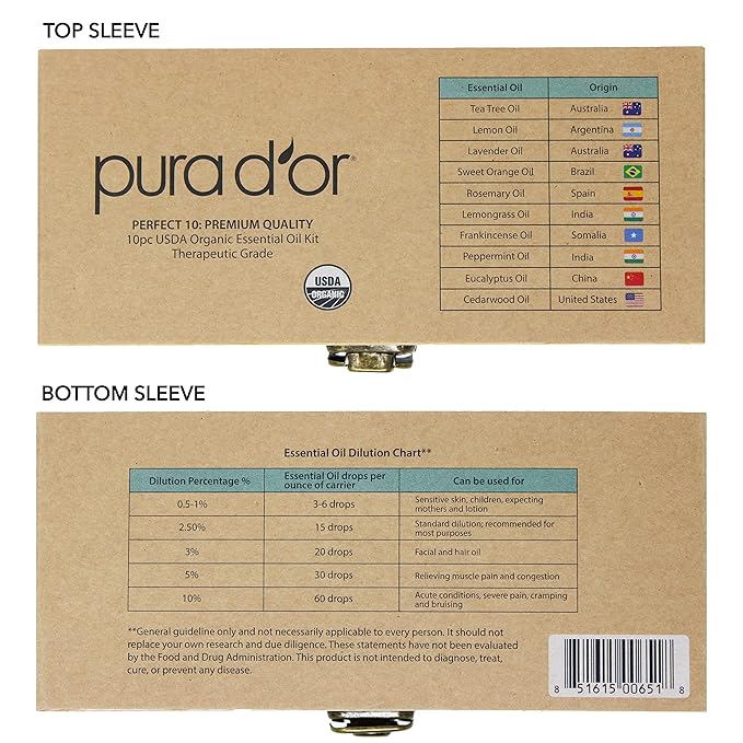 PURA D'OR Organic Perfect10 Essential Oils Set - 10x 10mL Wood Box Aromatherapy Gift Set - 100% Pure Therapeutic Grade for Relaxation and Wellness (Lavender, Peppermint, Eucalyptus, Tea Tree & More)