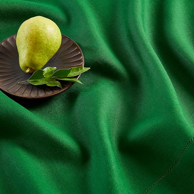 Solino Home Linen Garden Green Table Runner 90 Inches Long - 100% Pure Linen Hemstitch 14 x 90 Inch Table Runner for Dining, Christmas, Winter, New Year - Classic Hemstitch