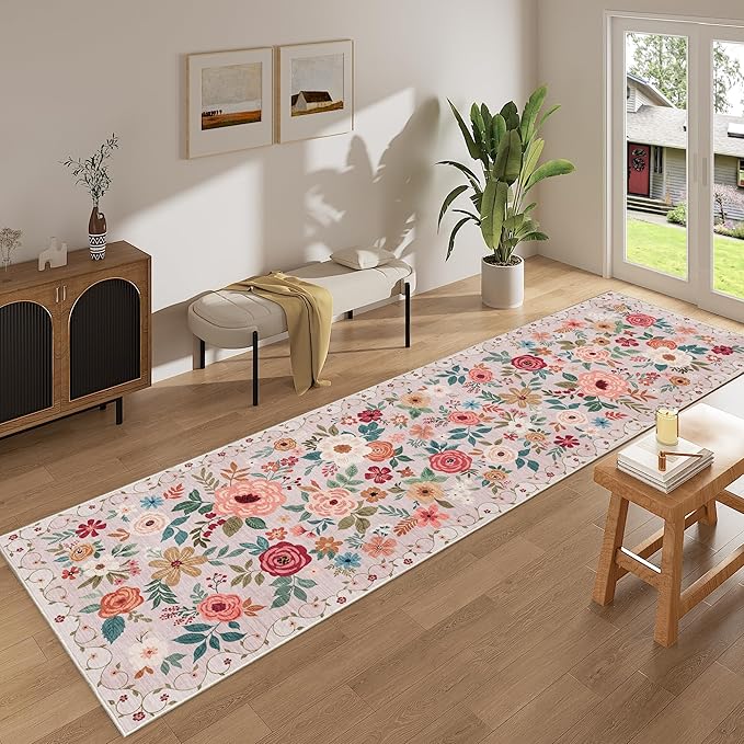 DUKINO 3x10 Runner Rug for Hallway, Washable Kitchen Floral Runner Rug with Non Slip Backing, Low Pile Soft Boho Carpet for Kitchen, Hallway, Entryway, Laundry, Bedroom, Beige