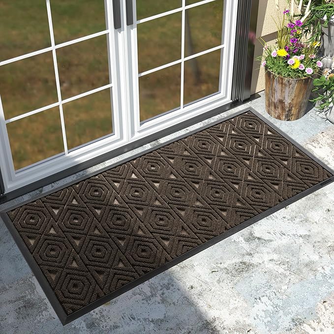 Yimobra Door Mat, Outdoor Indoor Entrance Welcome Mat, Heavy Entry Front Door Mat, Stain & Fade Resistant, Low Profile, Sturdy Rubber, Easy Clean Patio Floor Mat, Waterproof, 47 x 24, Brown