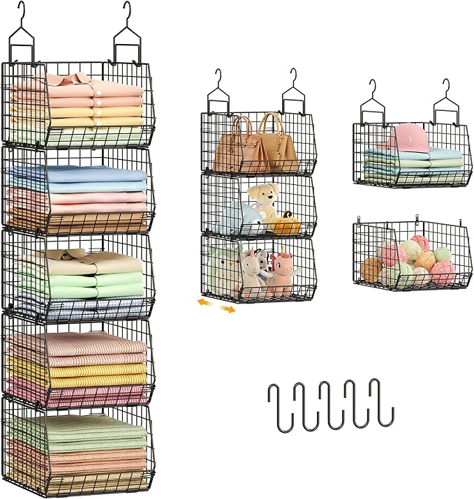 Deeper 4'' Design 5 Tier Foldable Hanging Closet Organizer and Storage，Wire Cabinet Shelves and Rack with 5 S Hooks,Stackable Metal Basket Bins for Clothes Shoe Purse,Holder for Wardrobe Dorm,Black