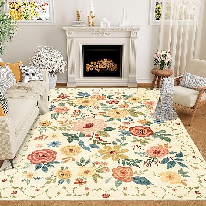 DUKINO 5x7 Area Rug, Floral Rugs for Living Room, Lightweight Non Slip Washable Rug, Indoor Low Pile & Non-Shedding Boho Design Rugs for Bedroom, Living Room, Dining Room, Beige Yellow