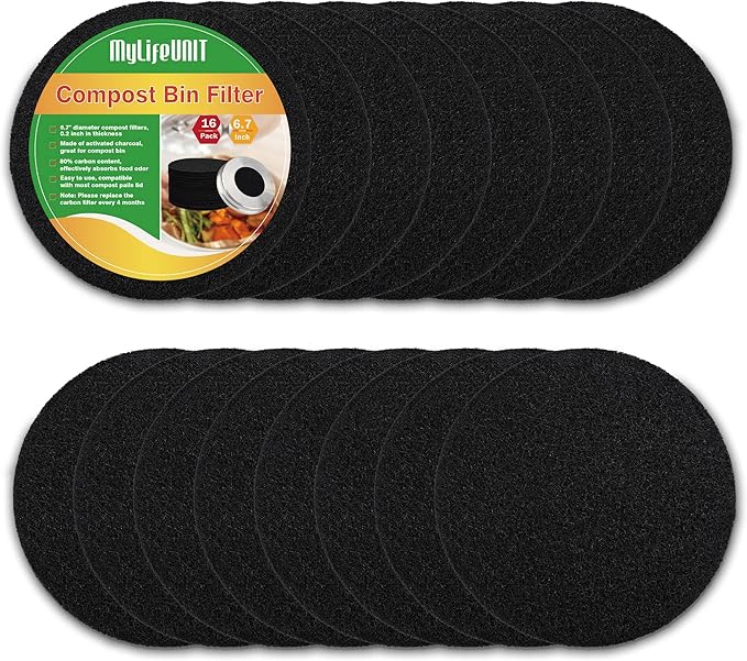 MyLifeUNIT 16 Pack Charcoal Filter for Compost Bin Kitchen, Compost Pail Replacements Filter (6.7 inches)